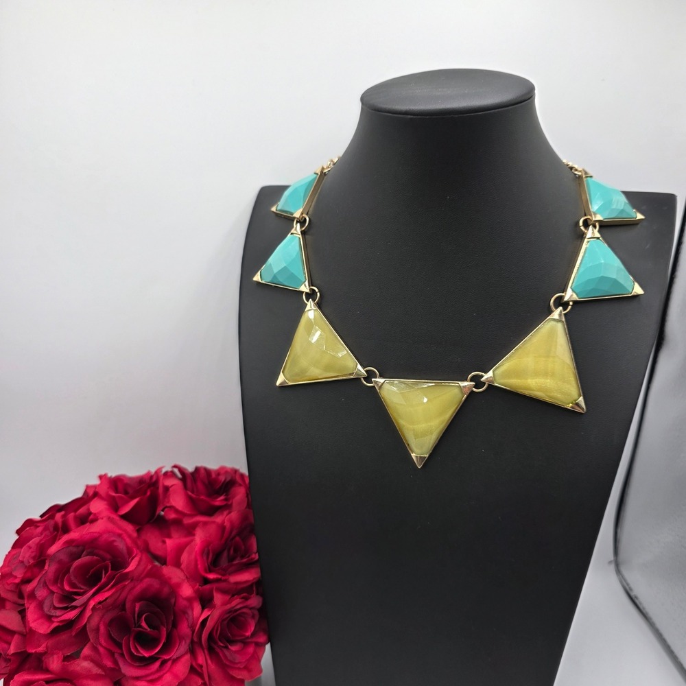 Mila Gold Tone Turquoise and Olive Green Faceted Triangle Bib Statement Necklace